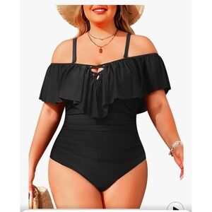 Holipick Black Ruffle Cold Shoulder One Piece Swimsuit Plus Size 18W Ruched